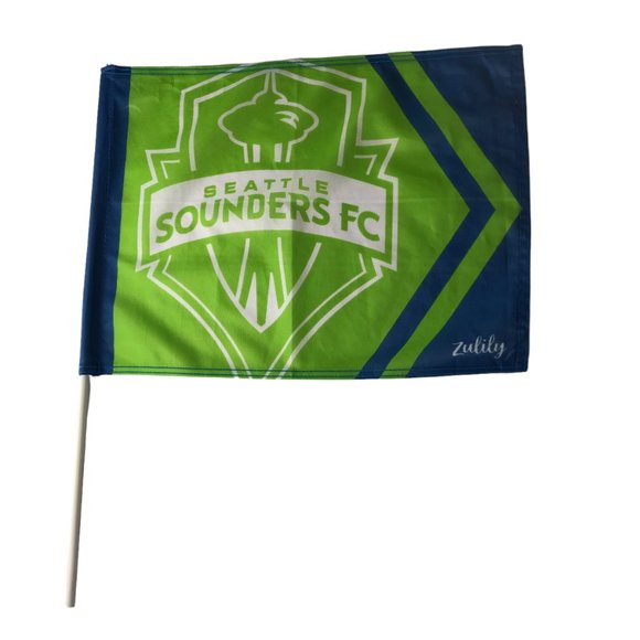 Seattle Sounders Flag with Handle.  Green Blue. - Picture 1 of 5
